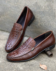 Brown Textured Crocodile Loafers D1294